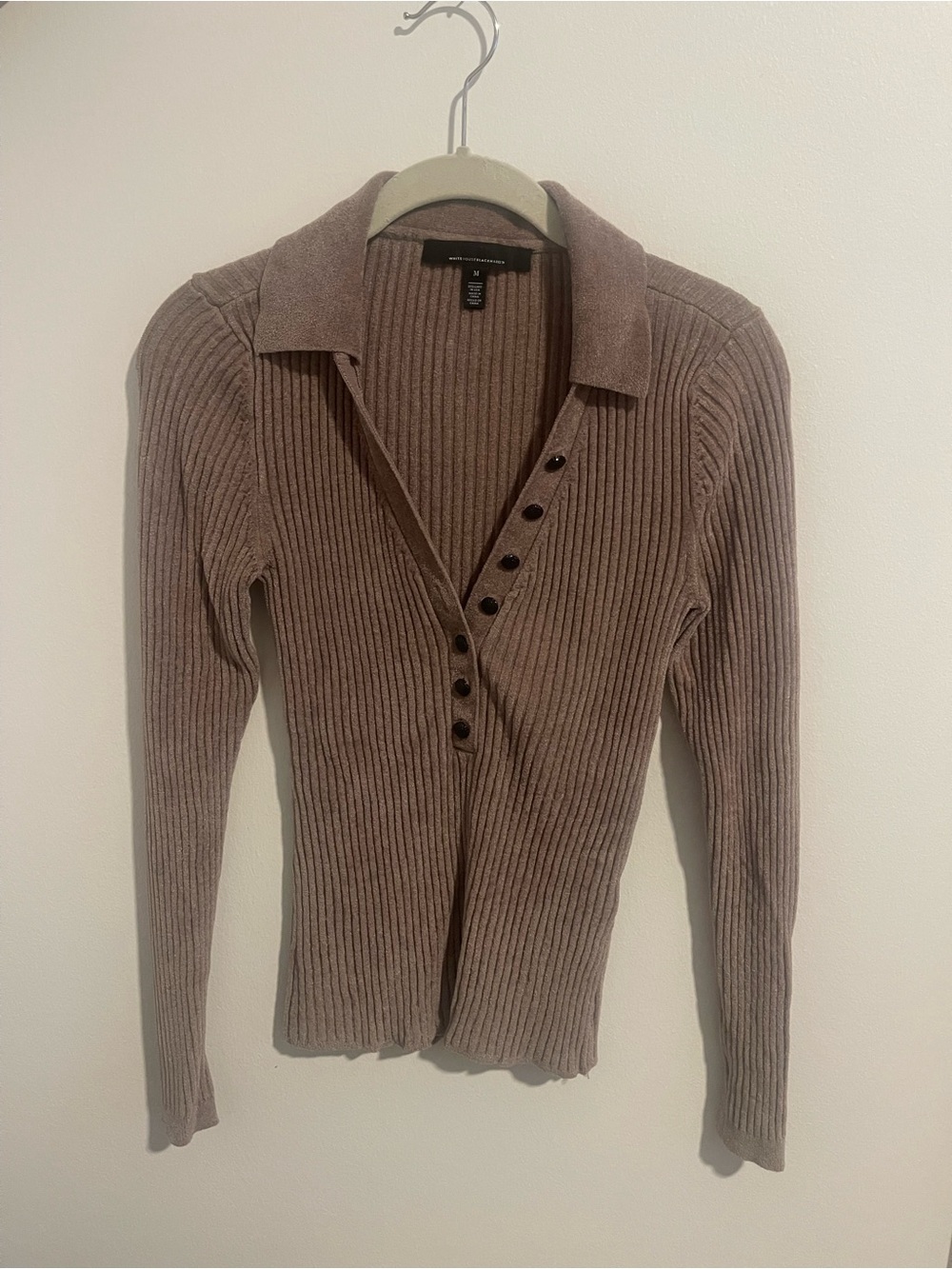 White House Black Market Ribbed Polo Sweater in Dusty Mauve